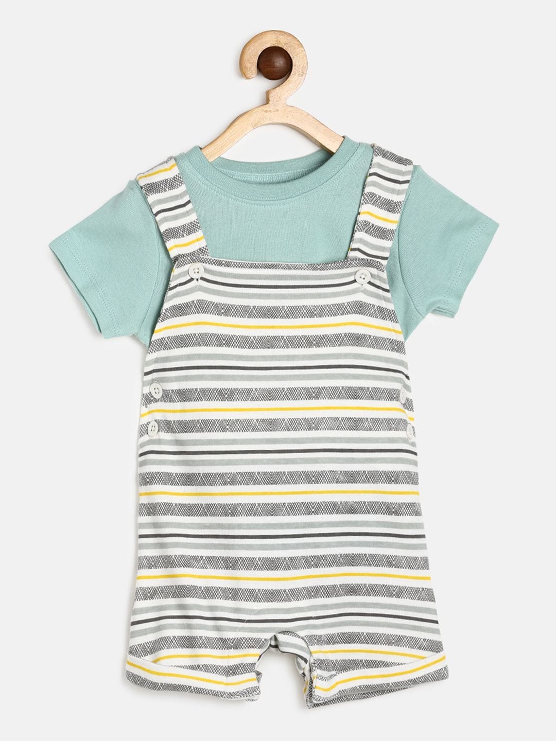 

MINI KLUB Boys Multicoloured Striped Cotton T-shirt with Dungaree Set, Multi