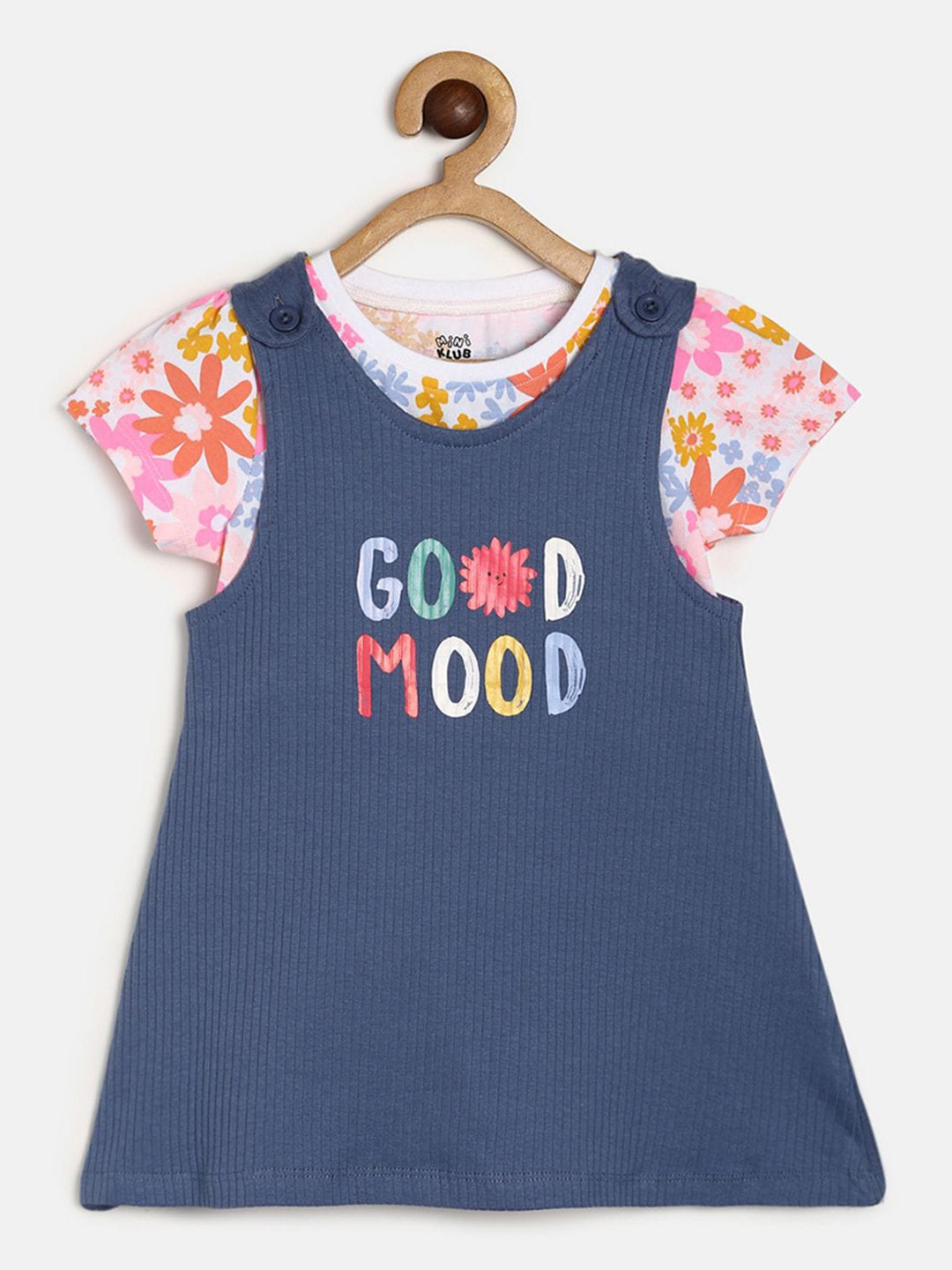 

MINI KLUB Girls Blue & White Printed Pure Cotton T-shirt with Skirt