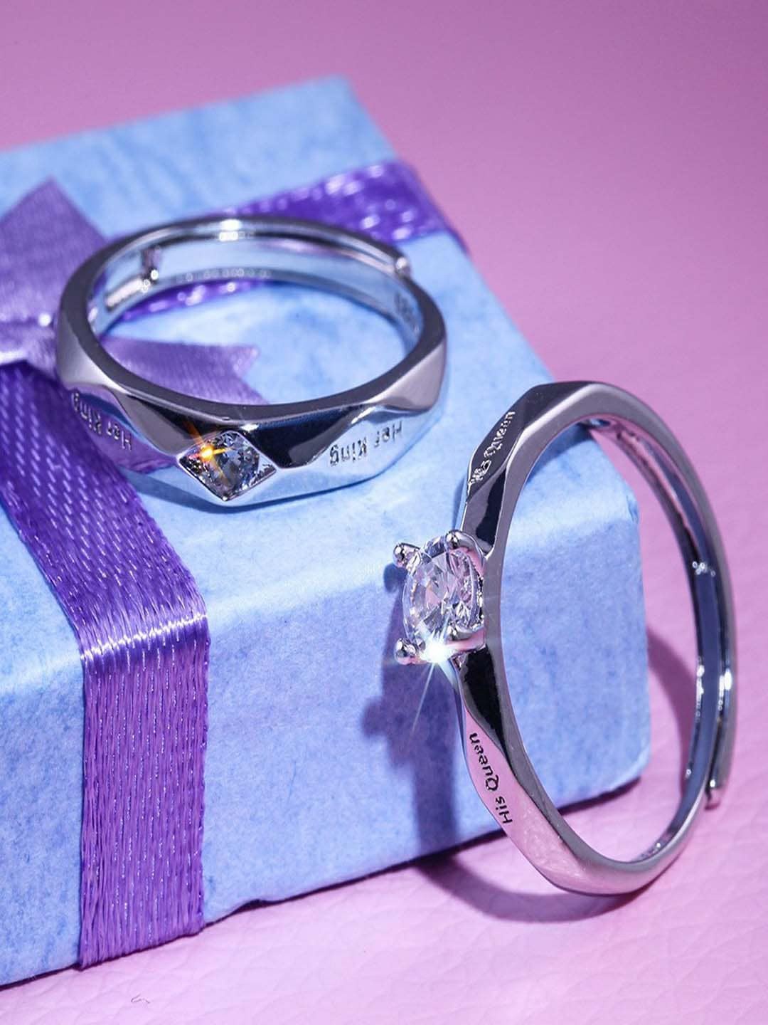 

UNIVERSITY TRENDZ Set Of 2 Silver-Plated White CZ-Studded Couple Finger Ring, Multi