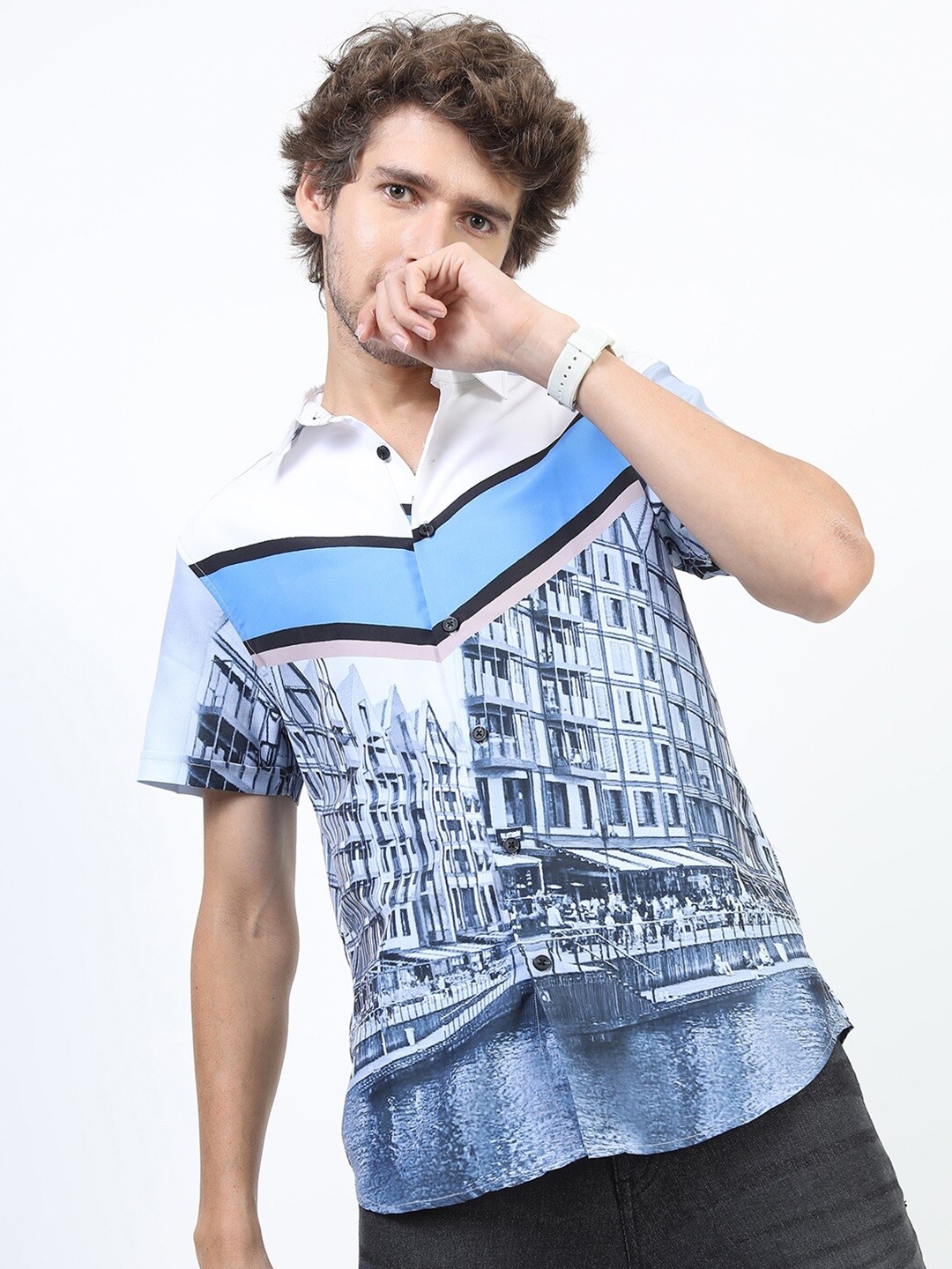 

HIGHLANDER Men White Slim Fit Printed Casual Shirt