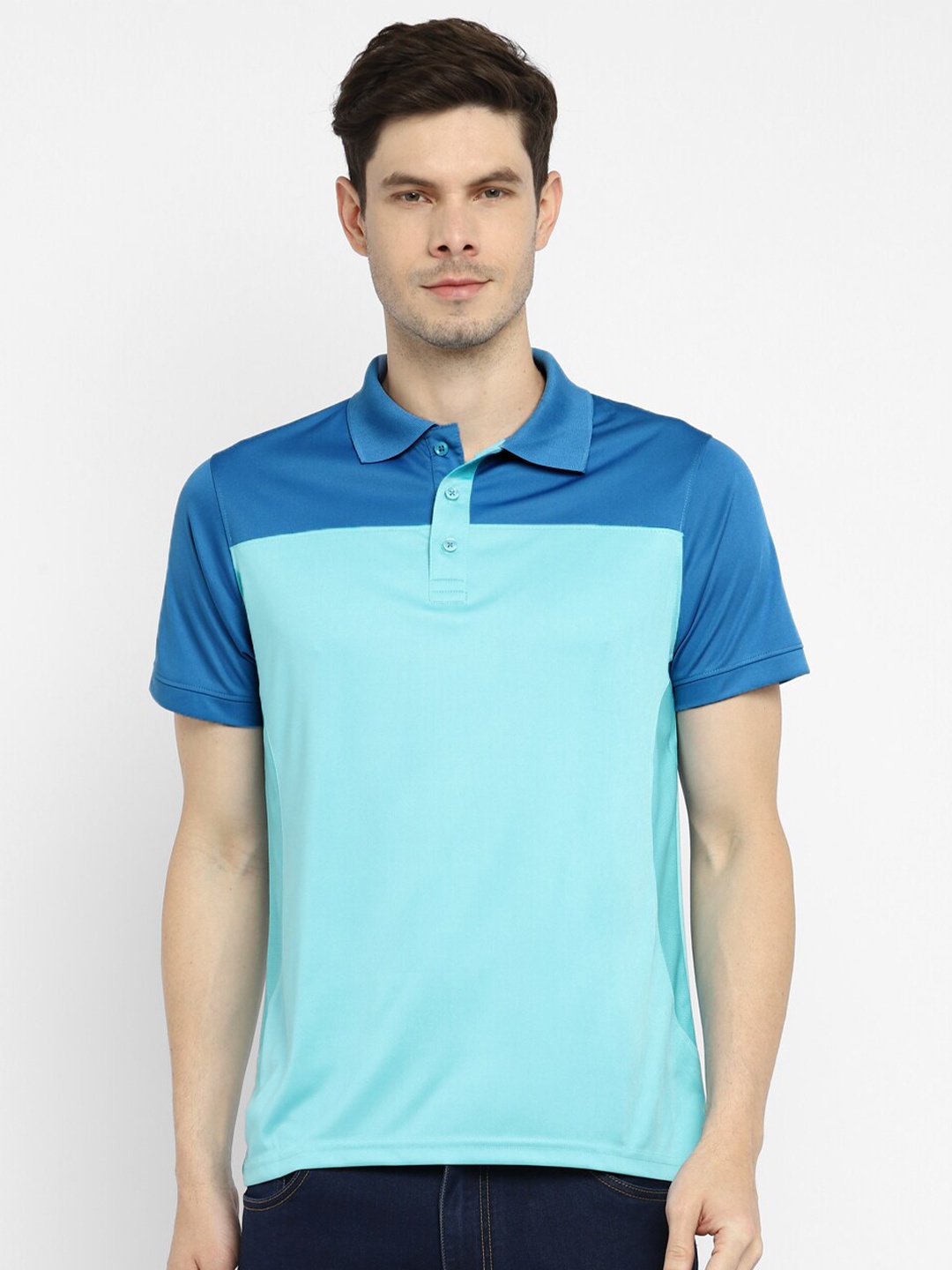 

American Crew Men Blue Colourblocked Polo Collar T-shirt