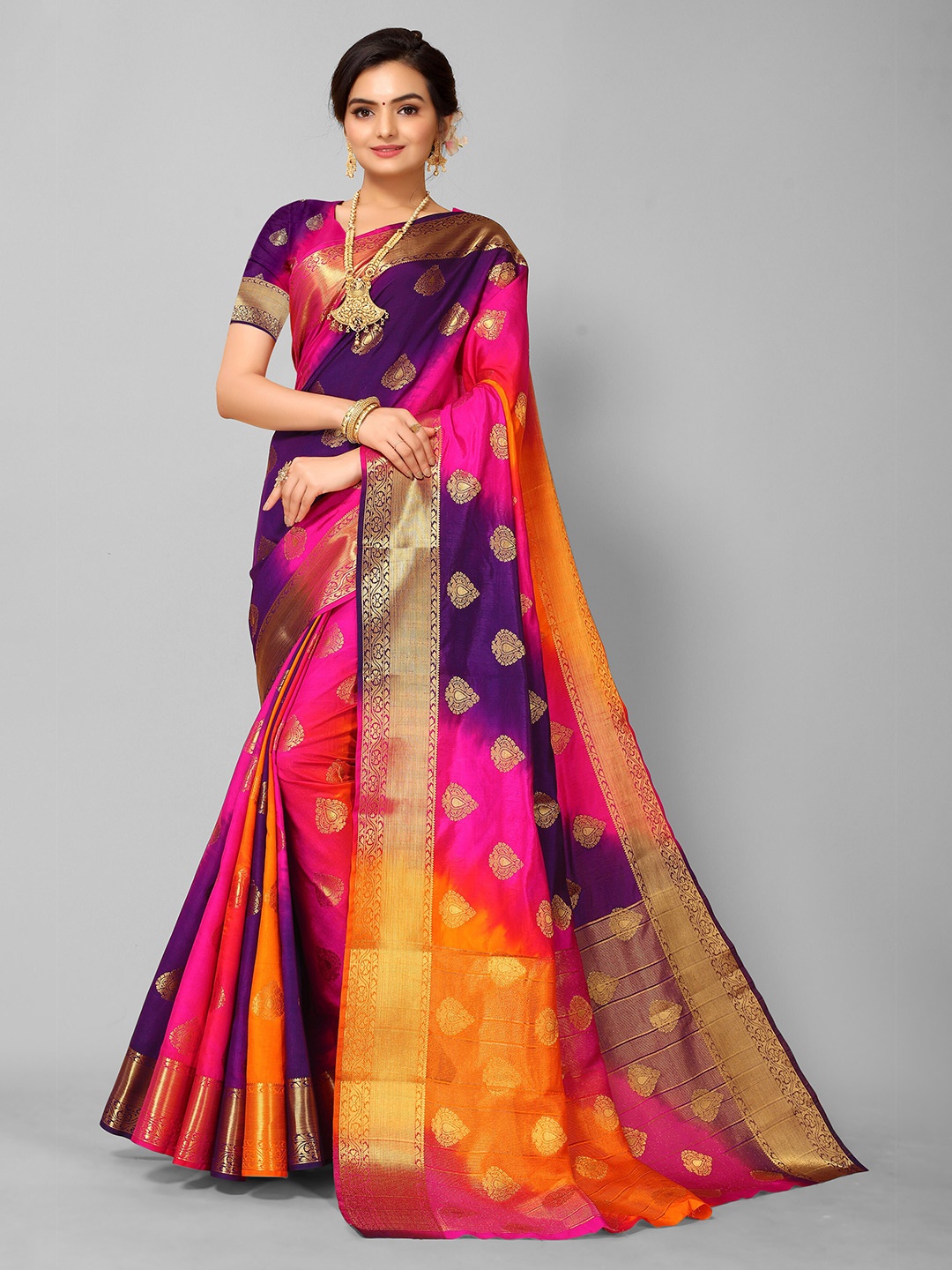 

Mitera Orange & Purple Woven Design Silk Blend Kanjeevaram Saree