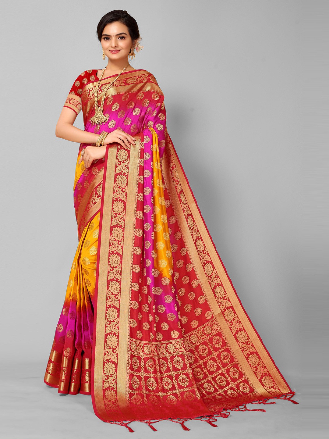 

Mitera Orange & Gold-Toned Woven Design Silk Blend Kanjeevaram Saree