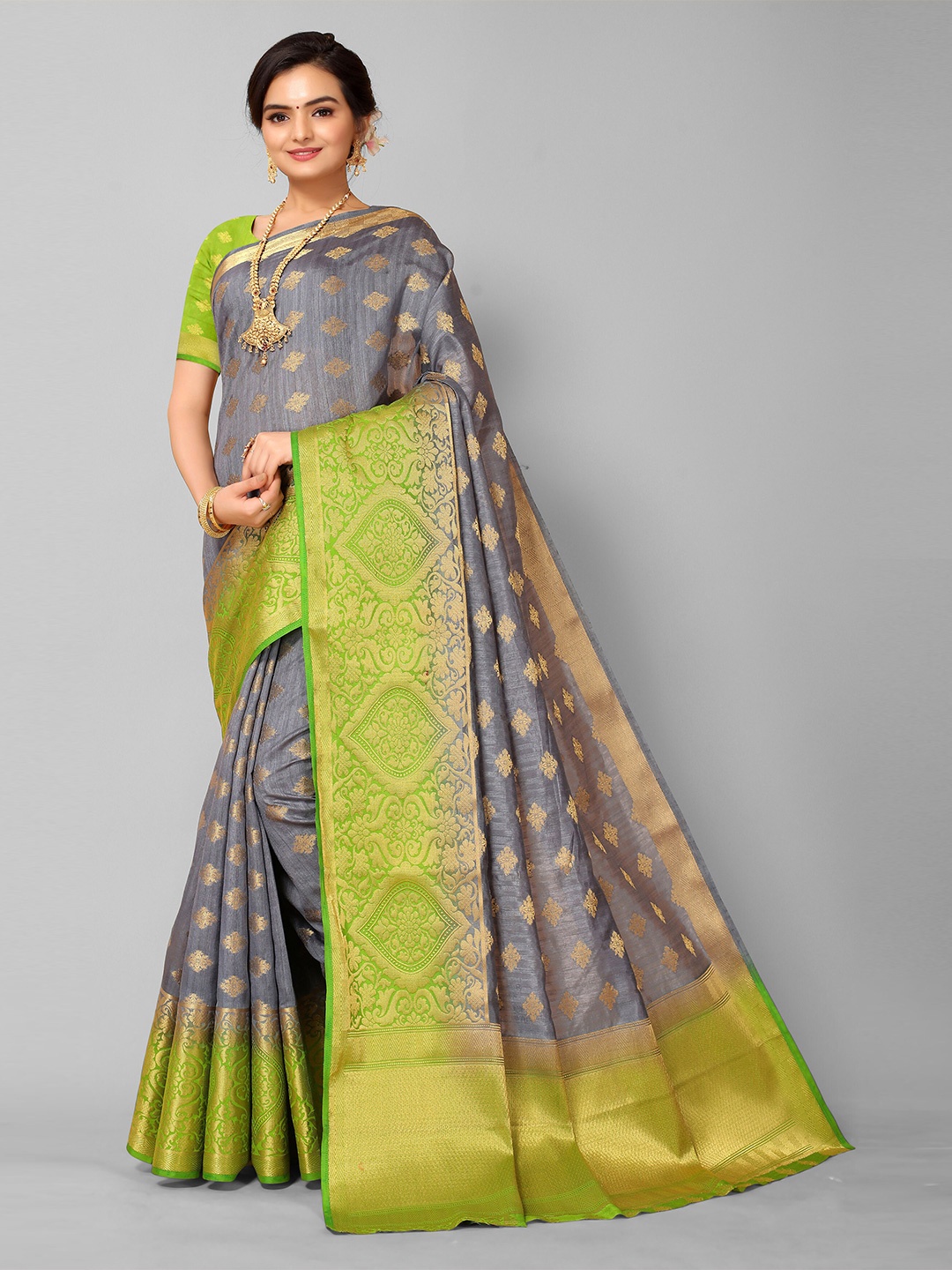 

Mitera Grey & Gold-Toned Woven Design Zardozi Silk Blend Kanjeevaram Saree