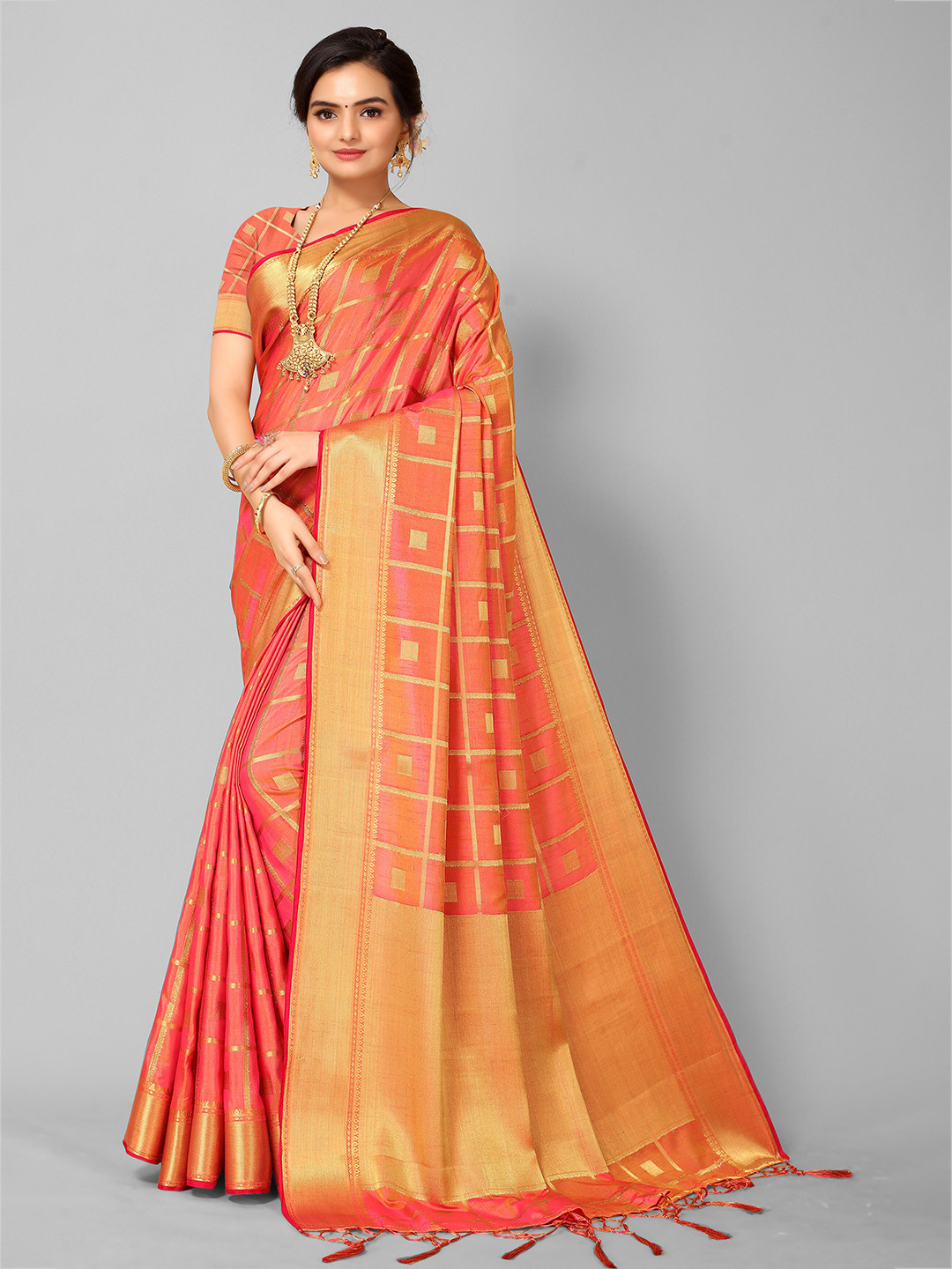 

Mitera Pink & Gold-Toned Woven Design Zari Silk Blend Kanjeevaram Saree