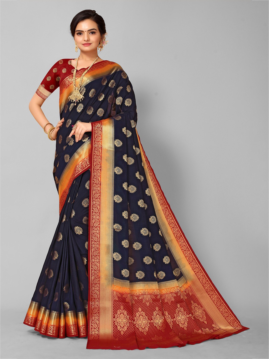

Mitera Blue & Red Woven Design Zardozi Silk Blend Kanjeevaram Saree