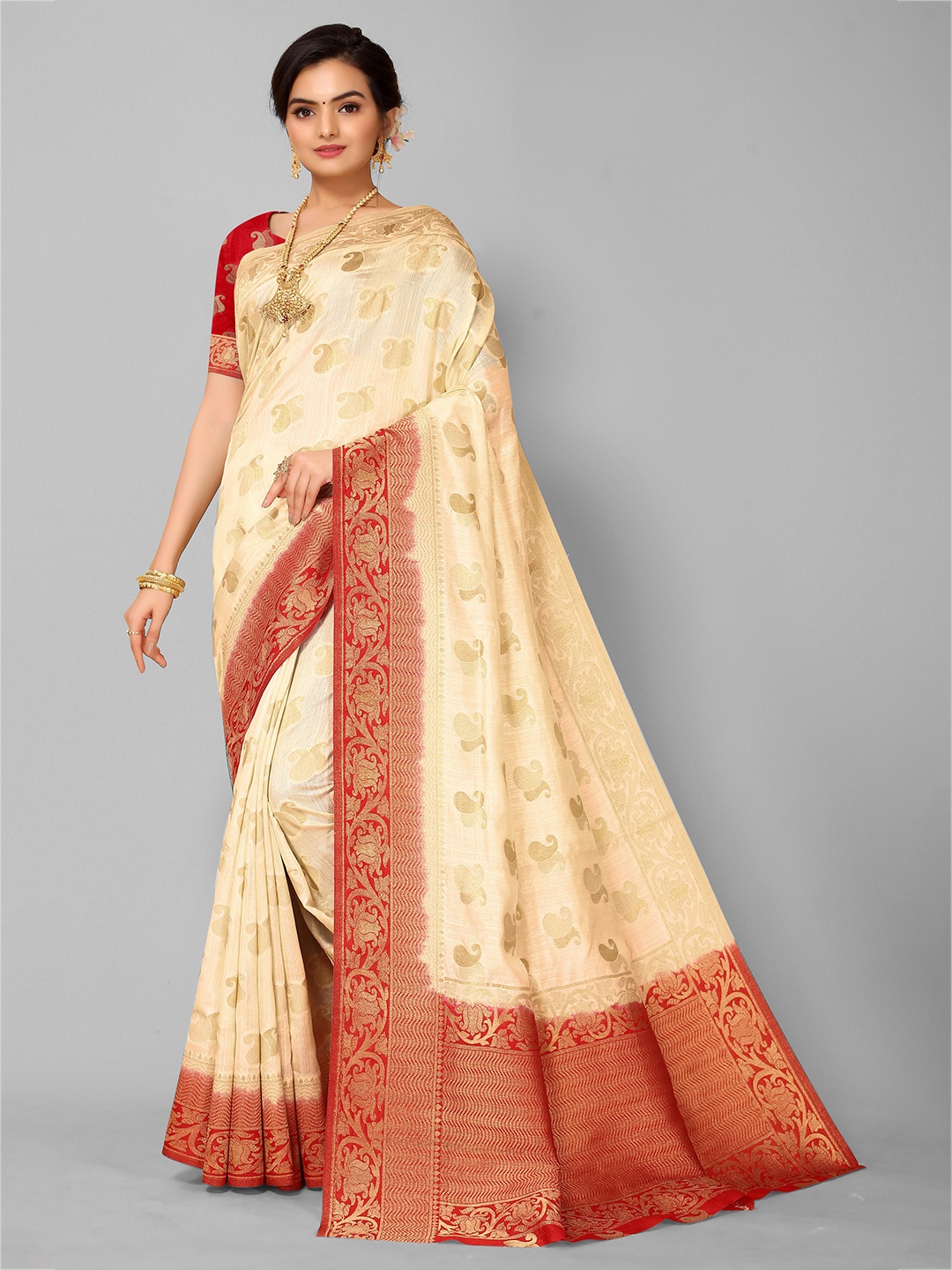 

Mitera Beige & Red Woven Design Silk Blend Kanjeevaram Saree