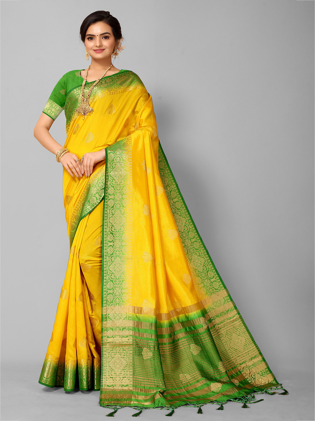 

Mitera Yellow & Gold-Toned Woven Design Zardozi Silk Blend Kanjeevaram Saree