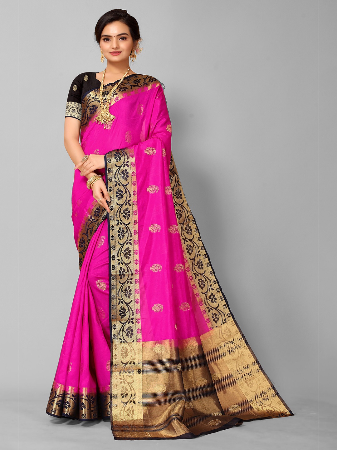 

Mitera Pink & Black Woven Design Zari Silk Blend Kanjeevaram Saree