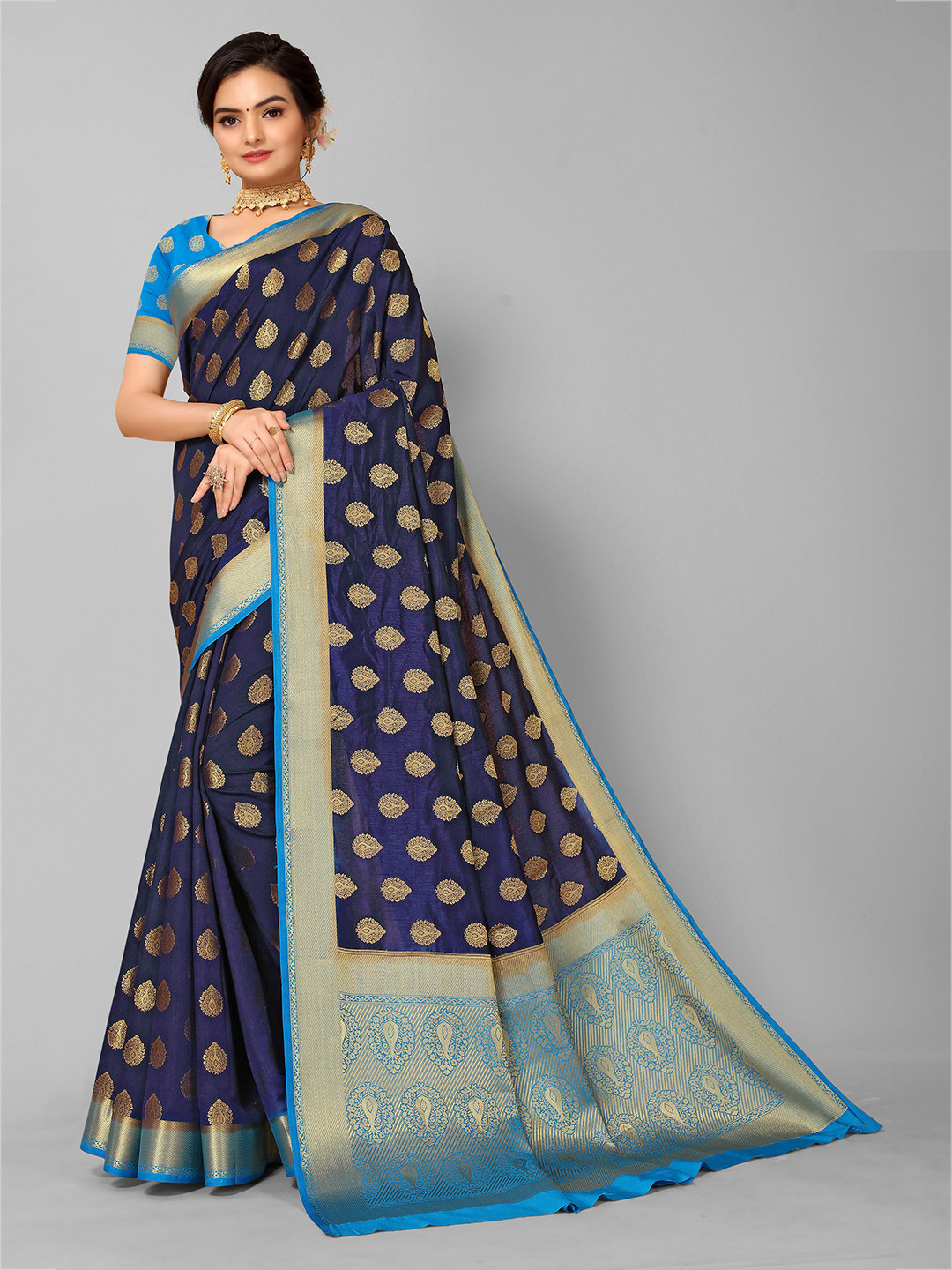 

Mitera Navy Blue & Blue Woven Design Zari Silk Blend Kanjeevaram Saree