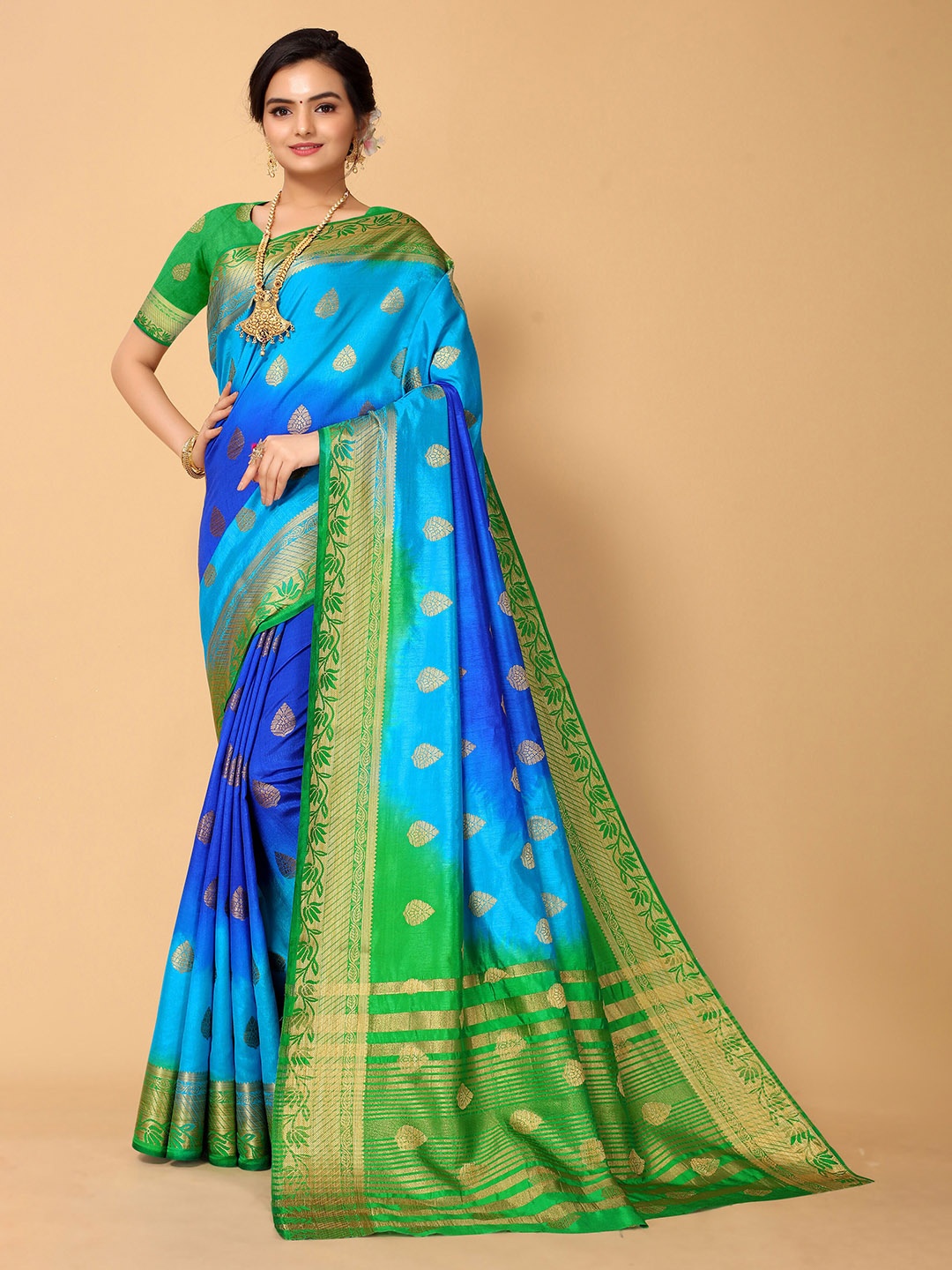 

all about you Blue & Green Woven Design Zardozi Silk Blend Kanjeevaram Saree