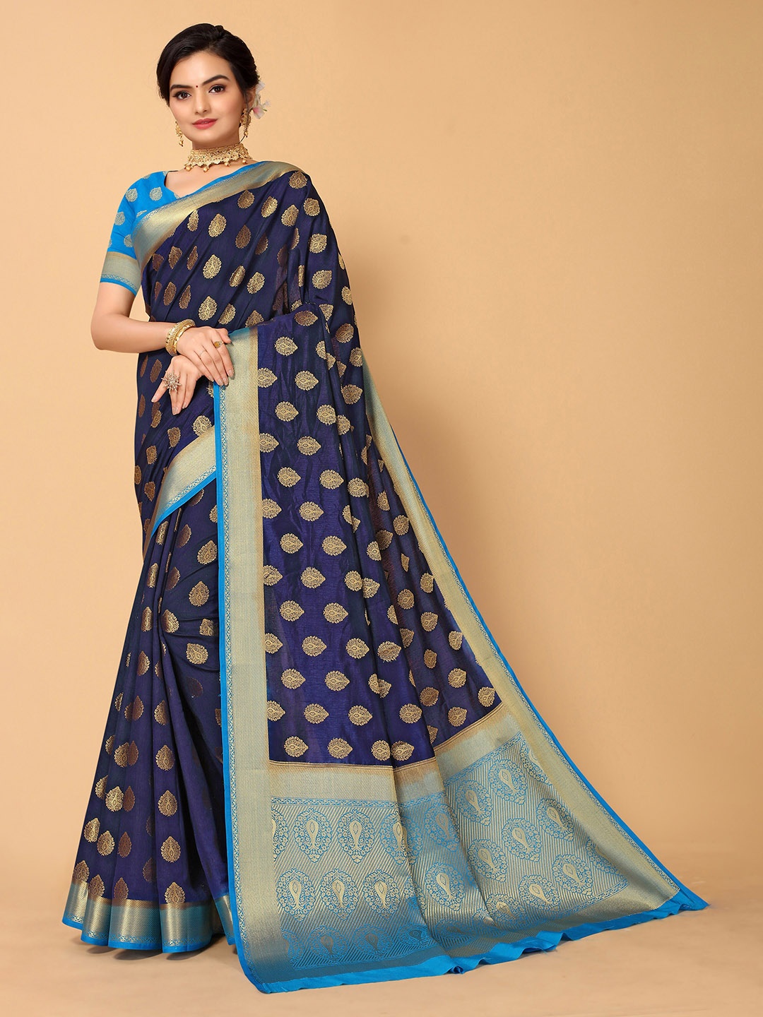 

all about you Navy Blue & Gold-Toned Woven Design Zari Silk Blend Kanjeevaram Saree