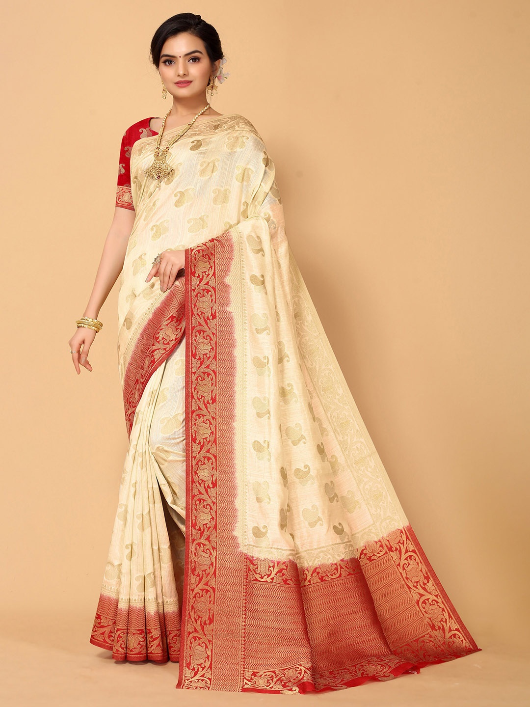 

all about you Beige & Red Woven Design Zari Silk Blend Kanjeevaram Saree