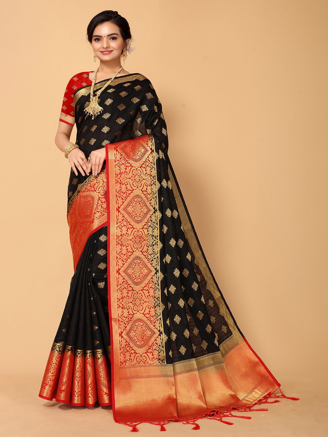 

all about you Black & Red Woven Design Zari Silk Blend Kanjeevaram Saree