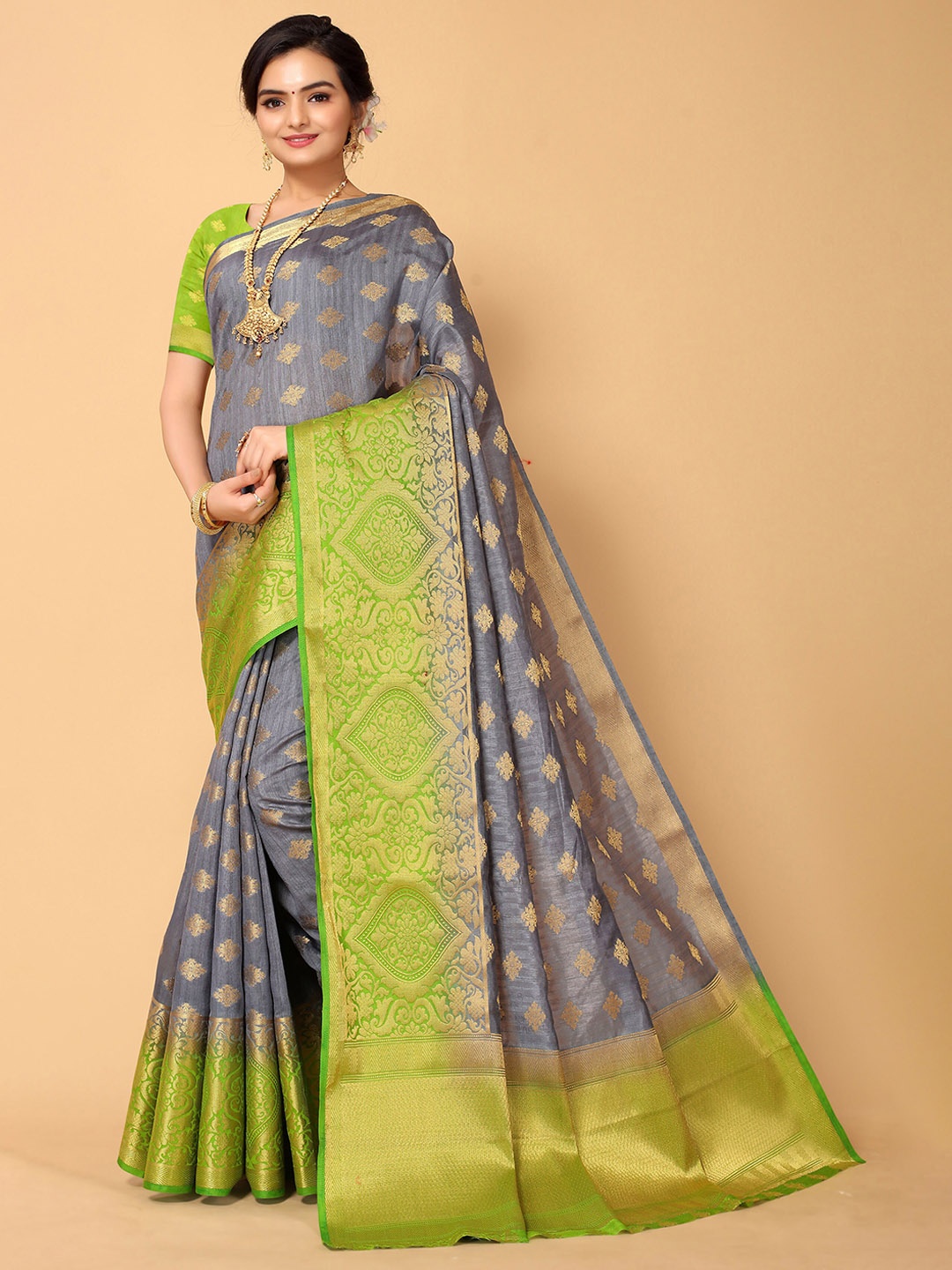 

all about you Grey & Green Woven Design Zari Silk Blend Kanjeevaram Saree