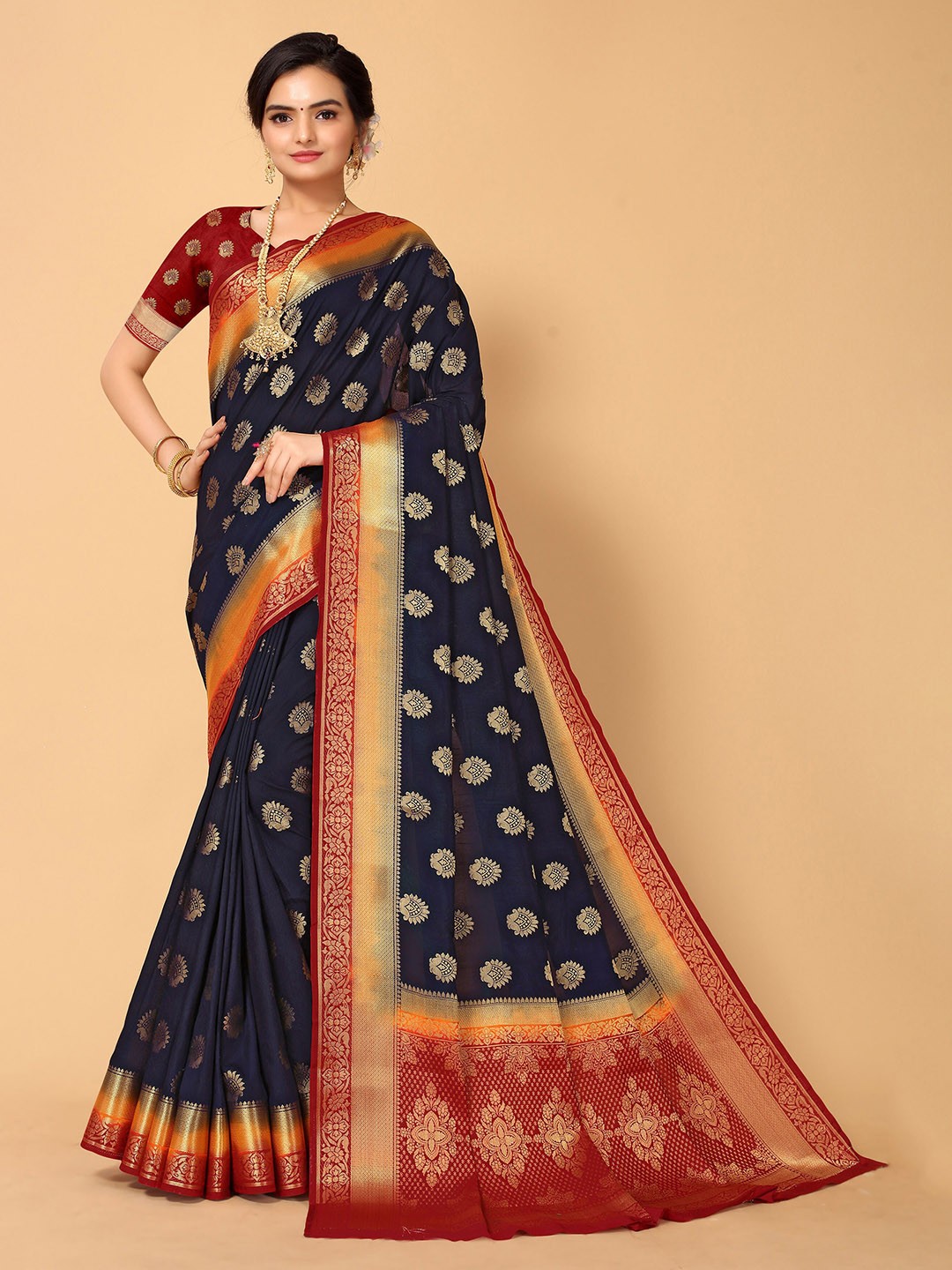 

all about you Blue & Red Woven Design Zari Silk Blend Kanjeevaram Saree