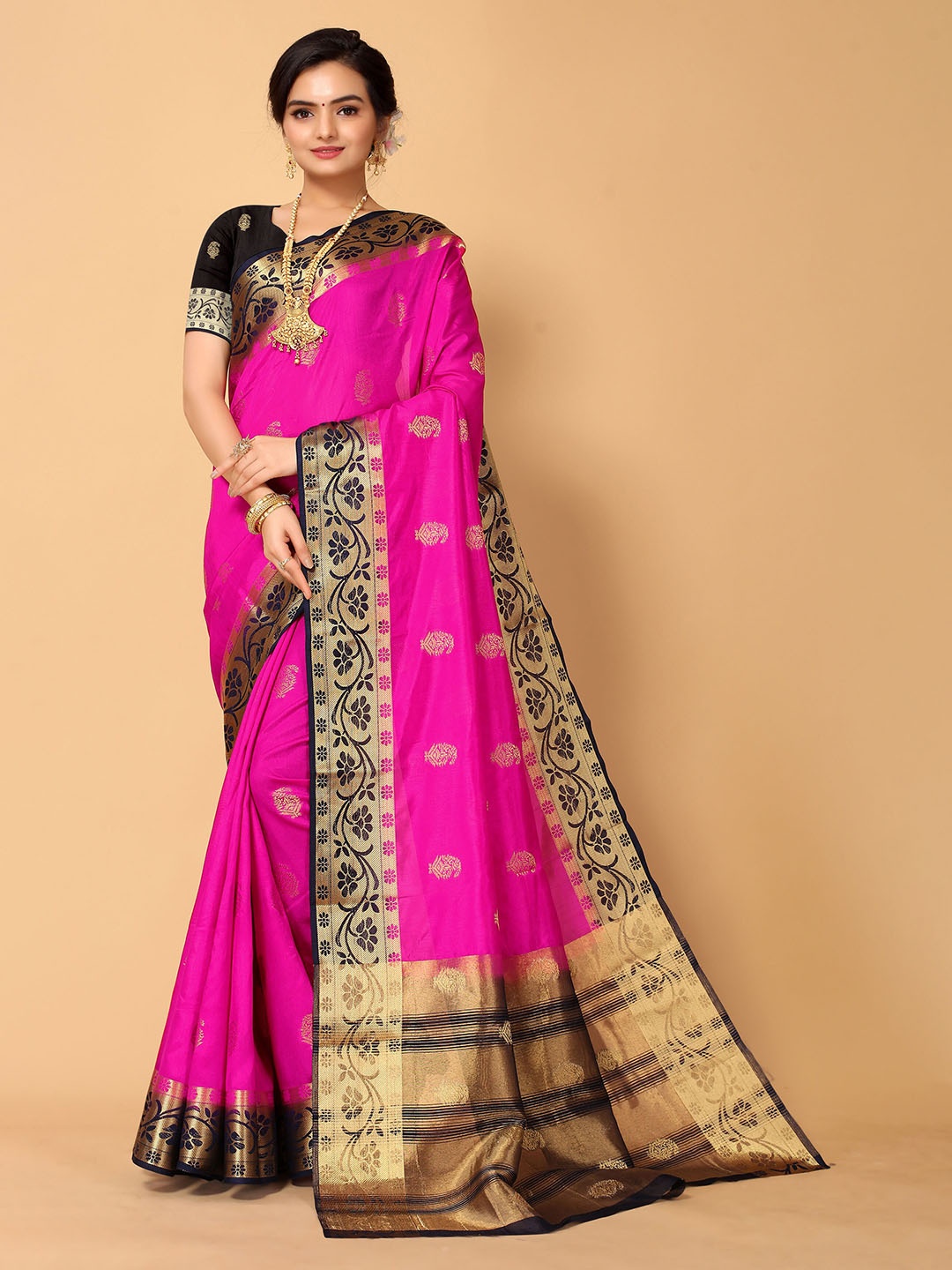 

all about you Pink & Gold-Toned Woven Design Zari Silk Blend Kanjeevaram Saree