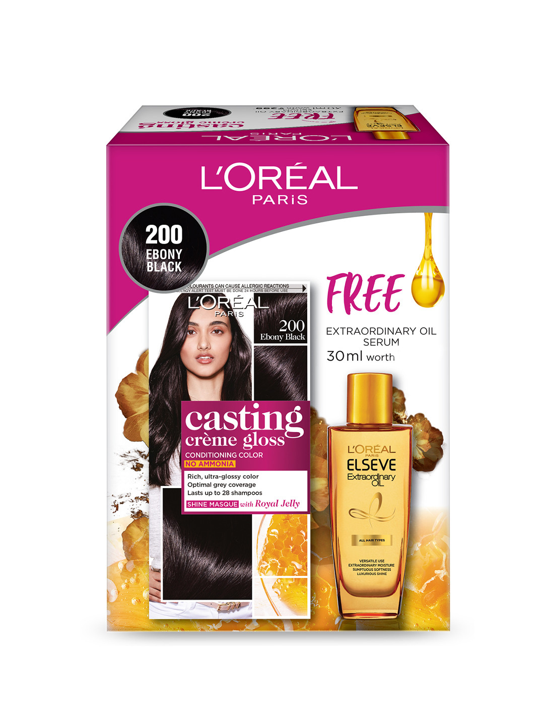 

LOreal Paris Casting Creme Gloss Conditioning Hair Color with Free Serum - Ebony Black 200