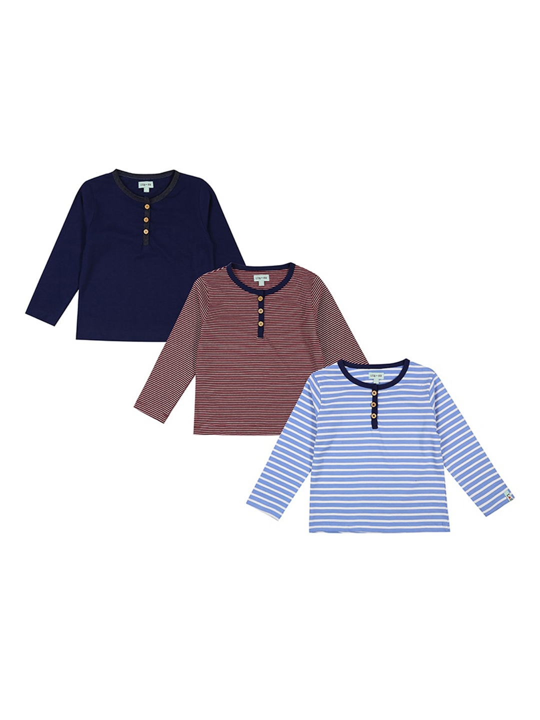 

Lilly and Sid Pack of 3 Kids Navy Blue & Brown Striped Henley Neck T-shirt