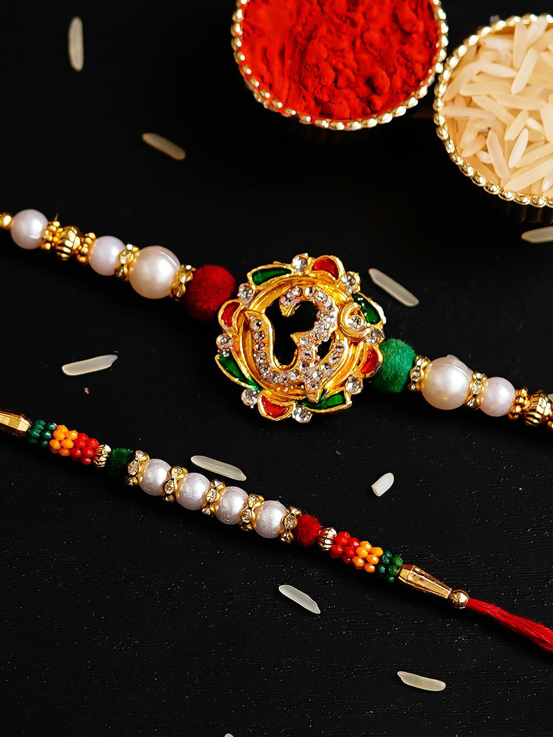 

eCraftIndia 2 Pieces Multicolored Studded Designer Thread Rakhi, Multi