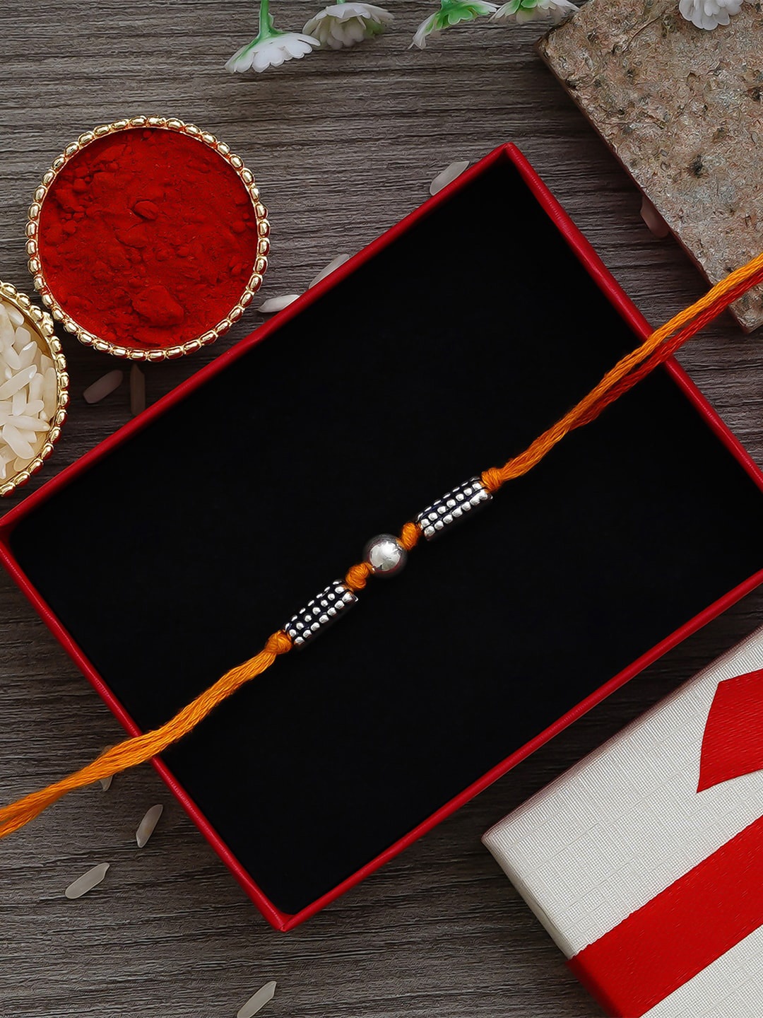 

eCraftIndia Orange Premium Designer 925 Silver Rakhi & Roli Chawal Pack