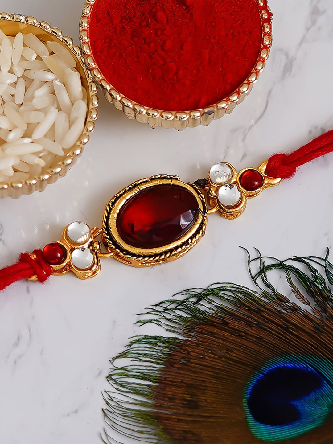 

eCraftIndia Red & White Kundan Stone Rakhi
