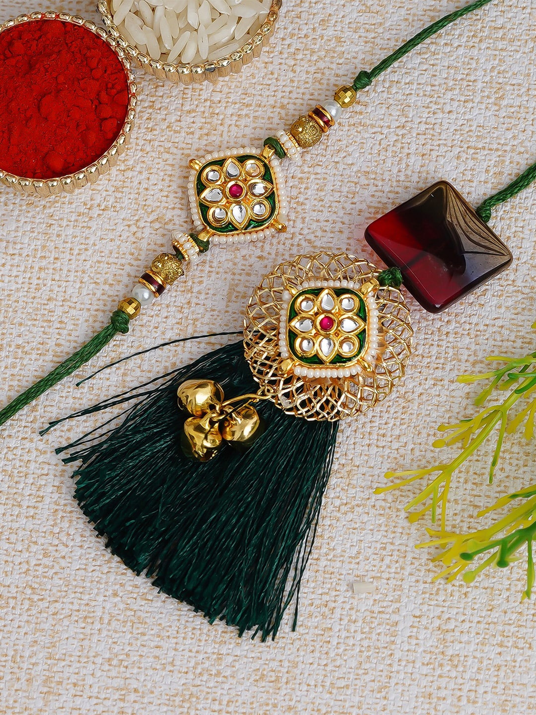 

eCraftIndia Set of 2 Green Meenakari Bhaiya Bhabhi Rakhi with Roli Chawal