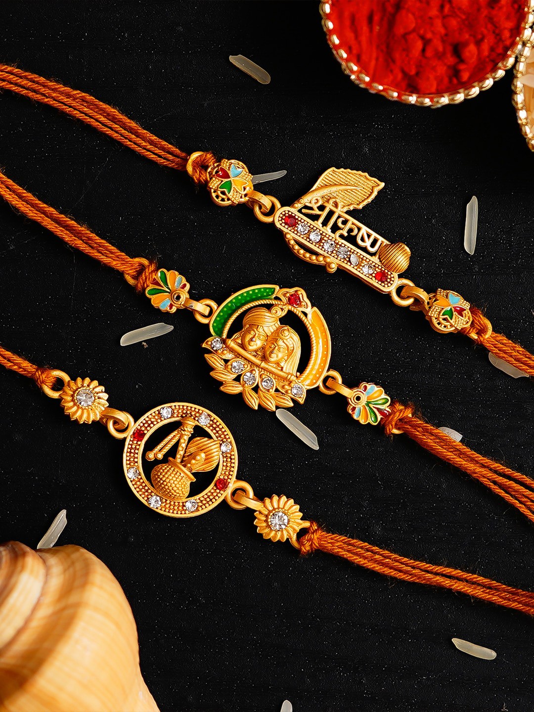 

eCraftIndia Set of 3 Gold-Toned Rakhi with Roli Chawal