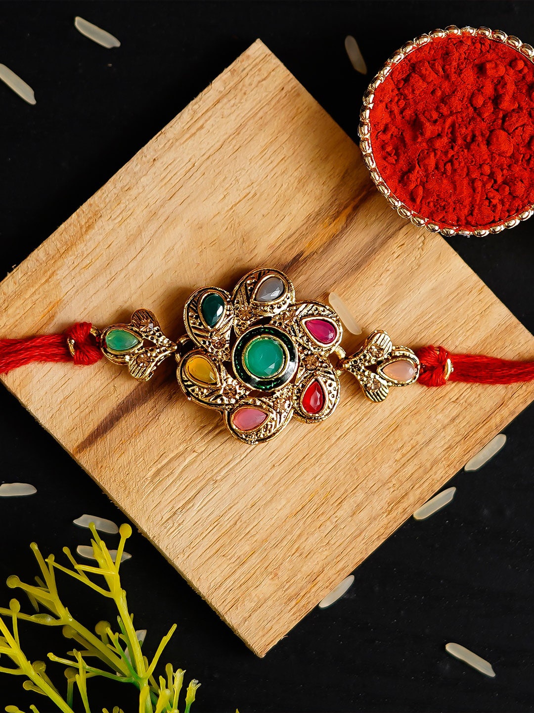 

eCraftIndia Red & Gold-toned Designer Rakhi With Roli Chawal Pack