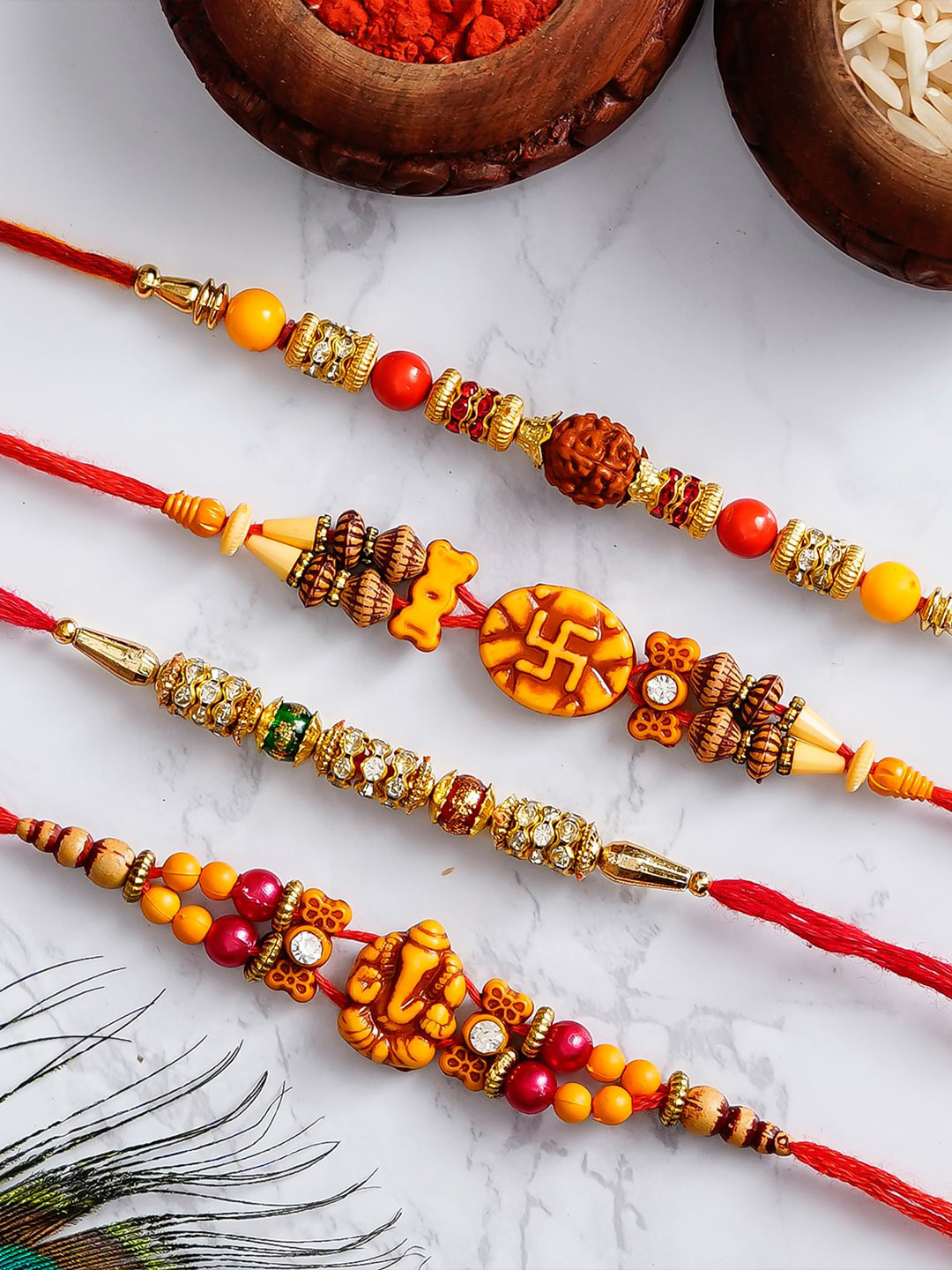 

eCraftIndia Set Of 4 Yellow & Red Beaded Rakhis
