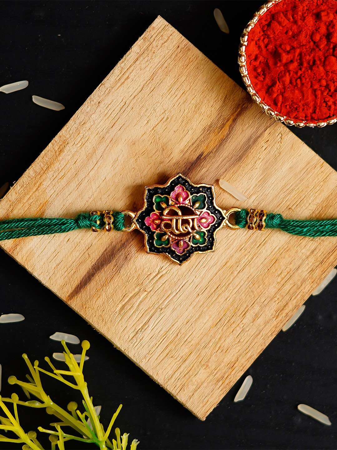 

eCraftIndia Green & Gold-Toned Rakhi and Roli Chawal Pack
