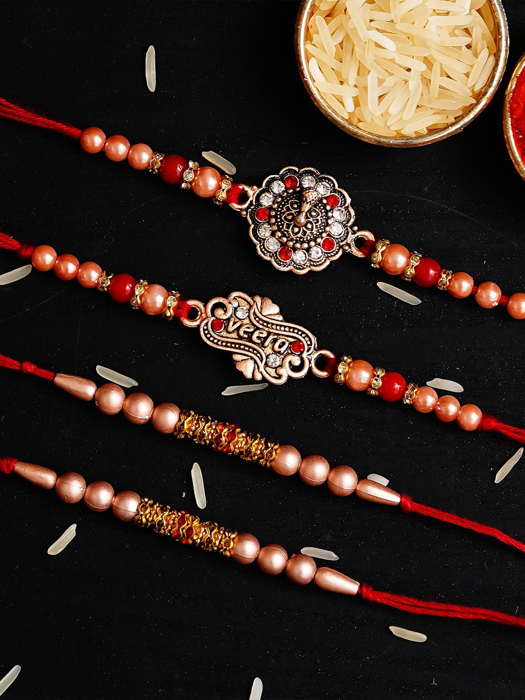 

eCraftIndia Pack of 4 Designer Rakhis and Roli Chawal Pack, Multi