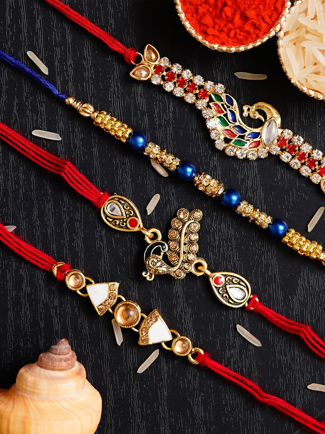 

eCraftIndia Pack Of 4 Embellished Designer Rakhi & Roli Chawal Pack, Gold