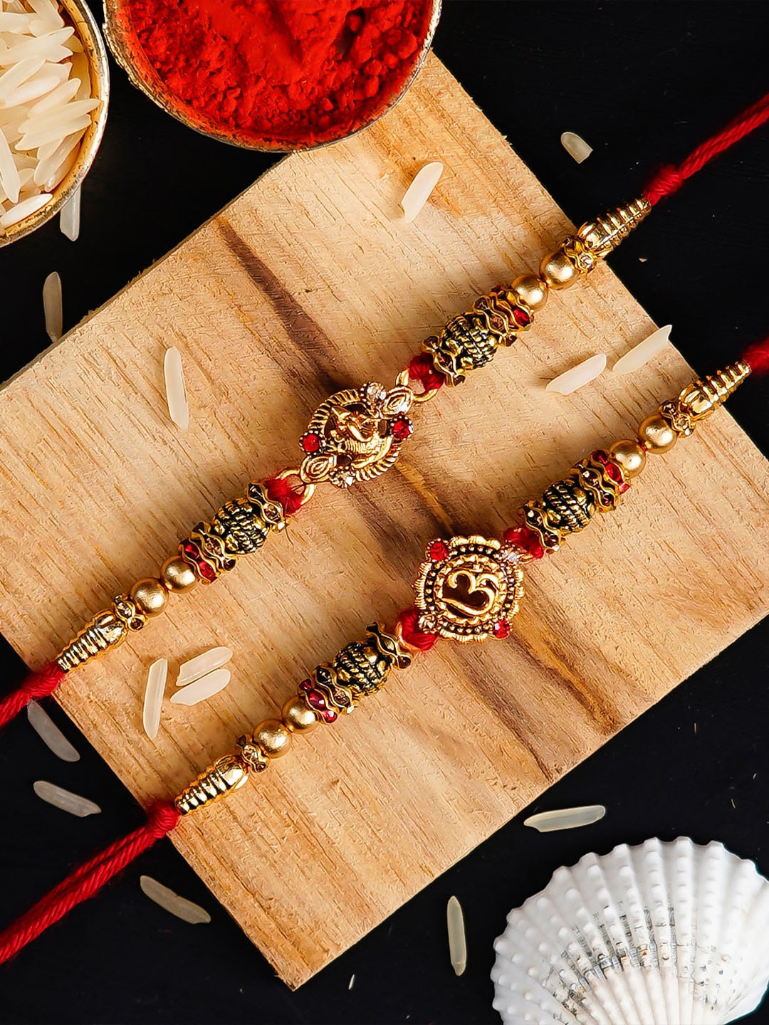 

eCraftIndia Pack of 2 Religious Rakhis & Roli Chawal, Gold