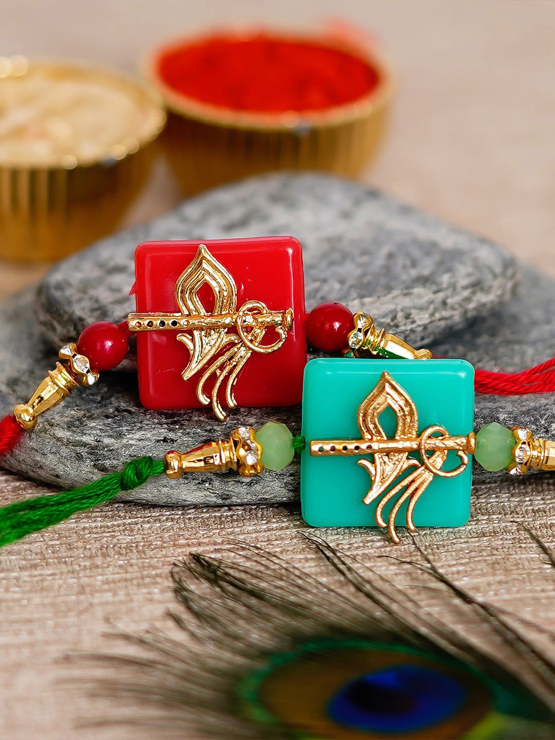 

eCraftIndia Pack of 2 Rakhis and Roli Chawal Pack, Red