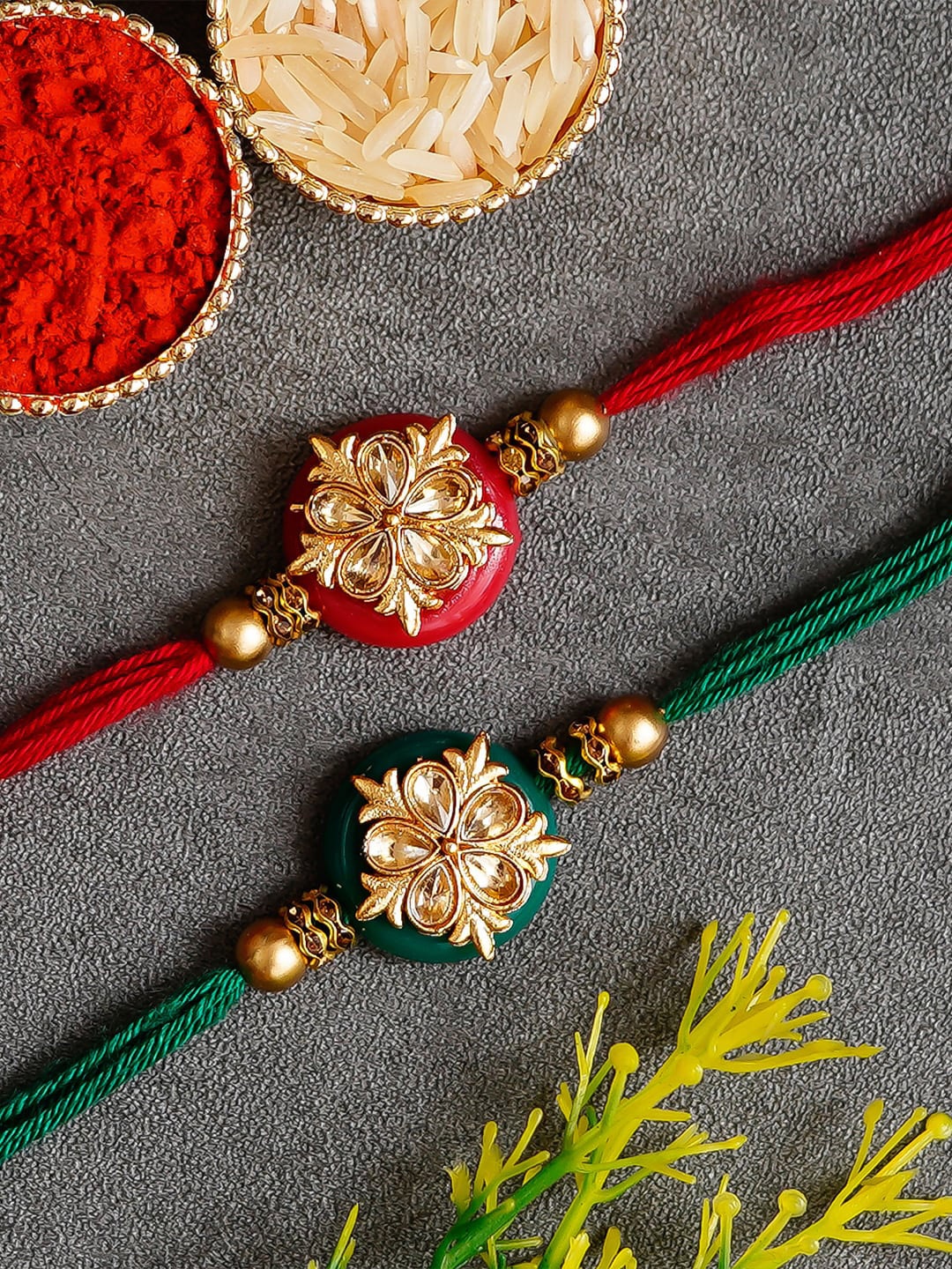 

eCraftIndia Pack Of 2 Red & Green Embellished Rakhi & Roli Chawal