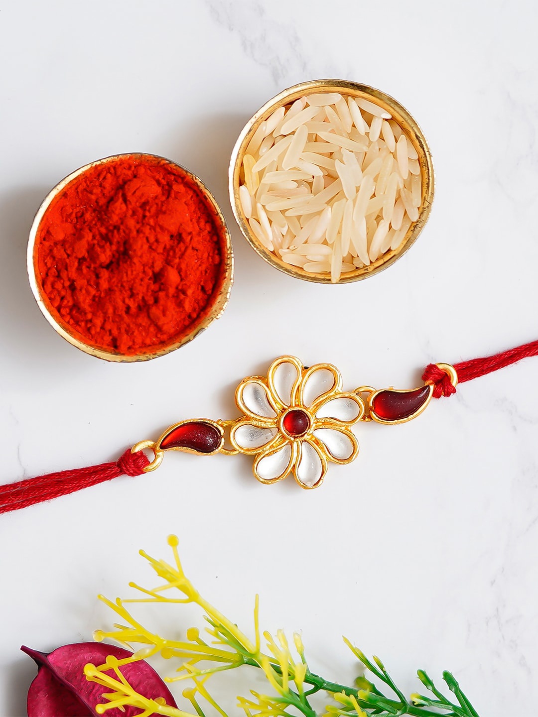 

eCraftIndia Red & Gold-Toned Designer Floral Rakhi & Roli Chawal Pack