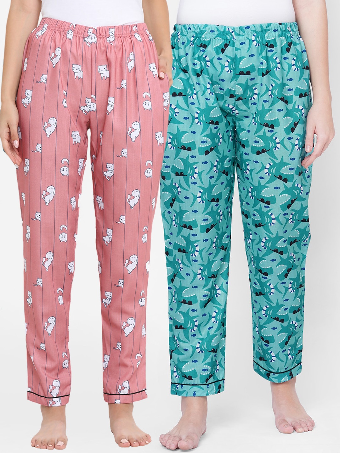 

FashionRack Women Pack Of 2 Green & Pink Printed Lounge Pants