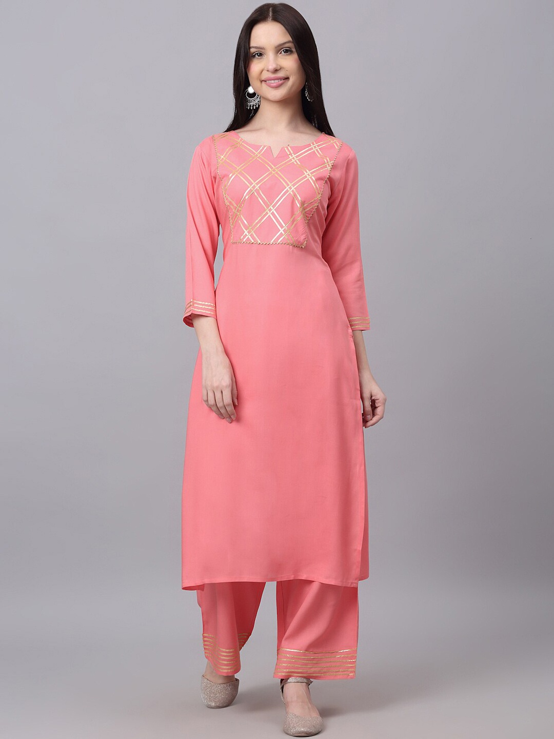

DORIYA Women Pink Ethnic Motifs Embroidered Empire Gotta Patti Kurti with Palazzos