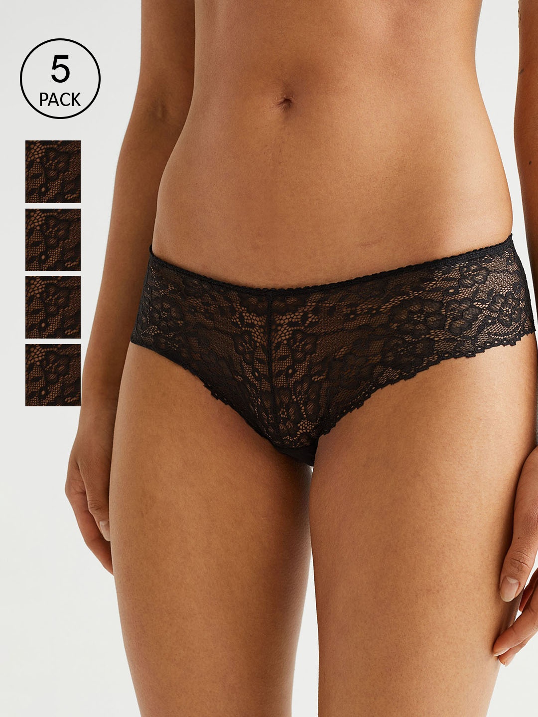 

H&M Women Pack Of 5 Black Lace Hipster Briefs