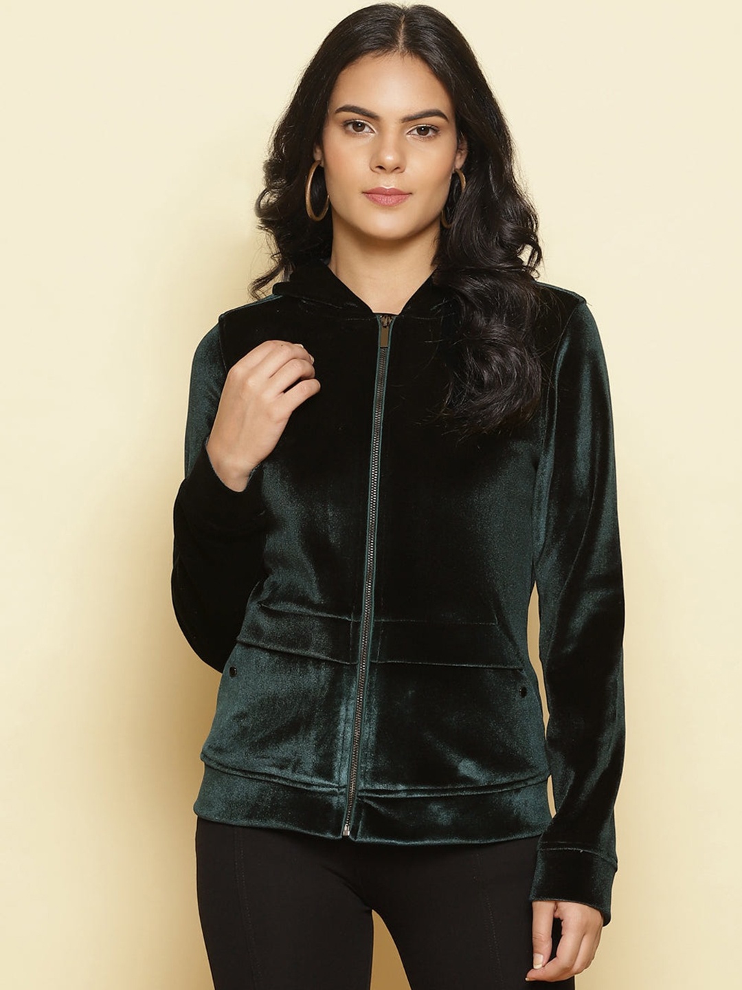 

Lakshita Women Green Fleece Longline Bomber Jacket