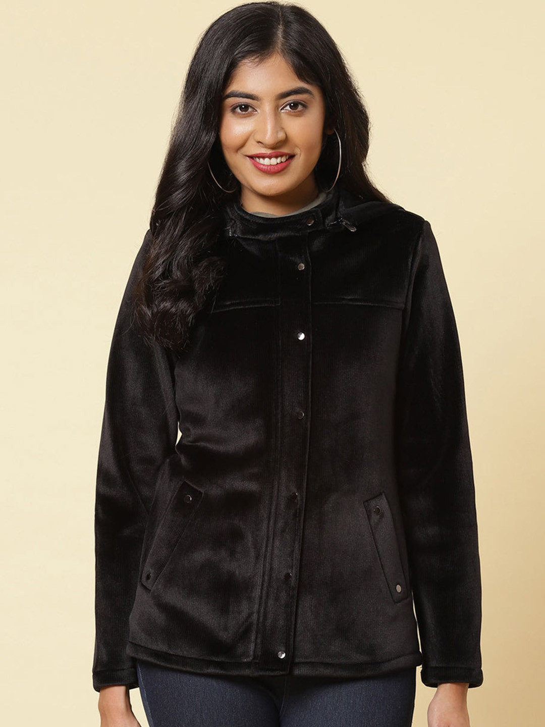 

Lakshita Women Black Fleece Tailored Jacket