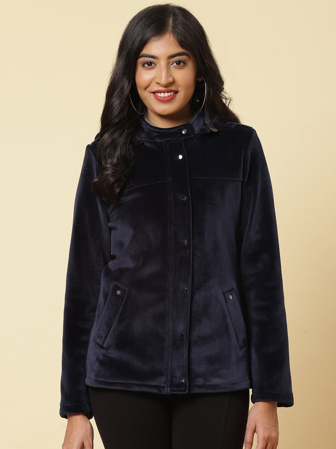 

Lakshita Women Blue Camouflage Fleece Longline Tailored Jacket