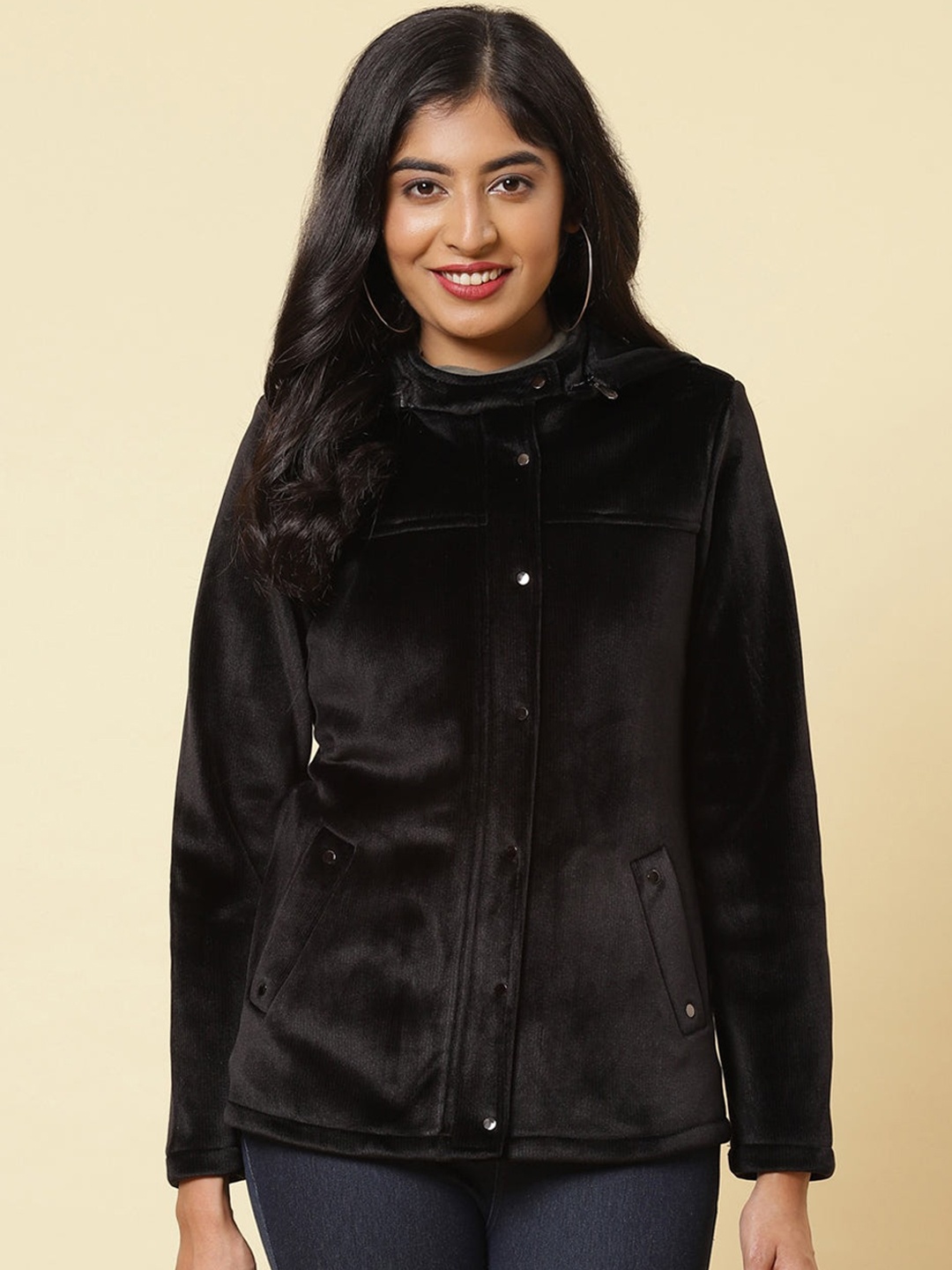 

Lakshita Women Black Fleece Tailored Jacket