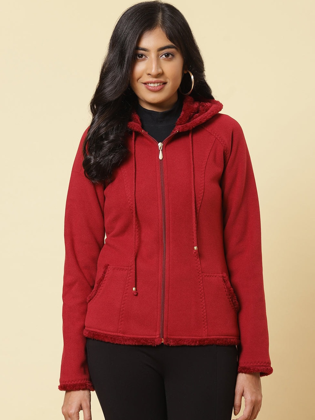 

Lakshita Women Red Fleece Parka Jacket