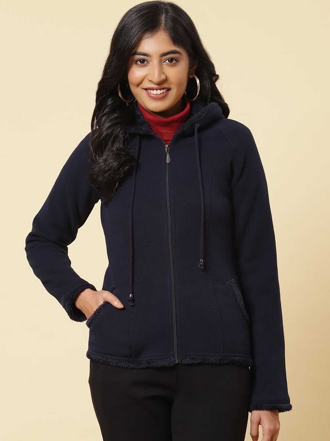 

Lakshita Women Blue Checked Fleece Longline Tailored Jacket