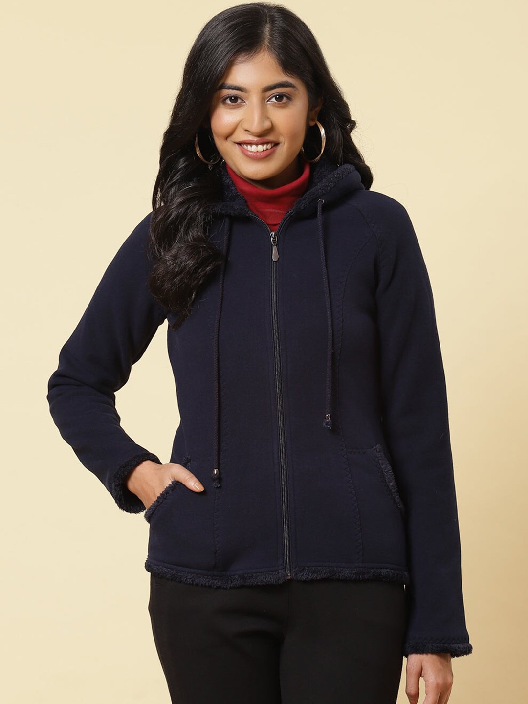 

Lakshita Women Blue Checked Fleece Longline Tailored Jacket