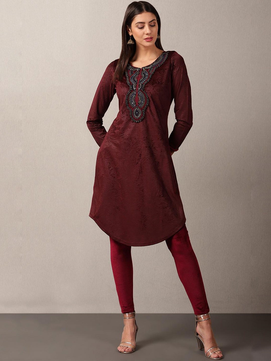 

Lakshita Women Maroon Yoke Design Flared Sleeves Thread Work Velvet Kurta