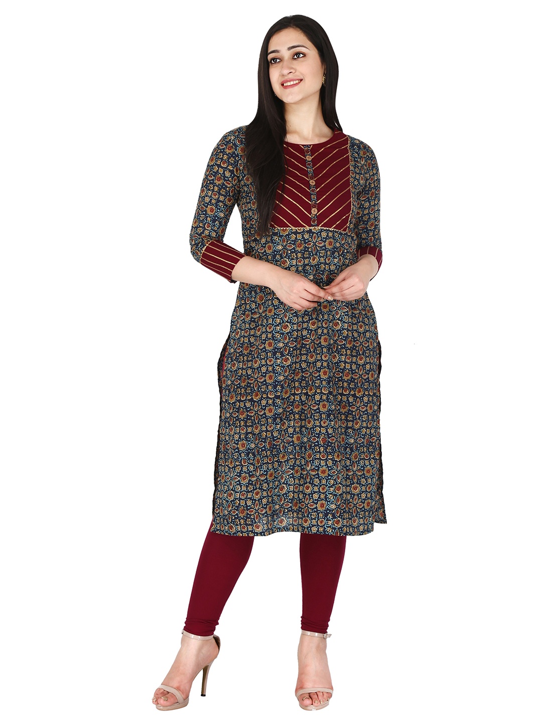 

KANNAHI Women Ethnic Motifs Ajrak Printed Straight Kurta, Blue