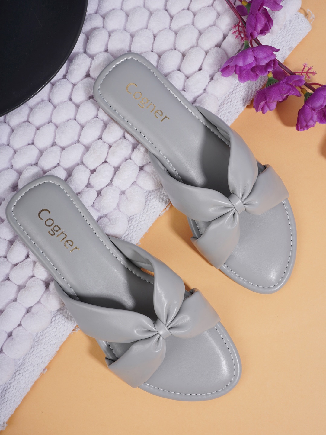 

Cogner Women Grey Open Toe Flats with Bows